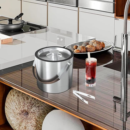 3L Double Wall Ice Bucket for Parties with Silicone Lid, Tongs & Strainer, Bar Insulated Ice Buckets [Silicone Lid for Longer Ice] Cocktail Wine Bucket Champagne Chiller Brown Accent Handle