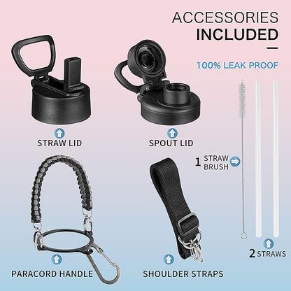 32 oz Insulated Water Bottle with Paracord Handles & Strap, 2 Lids(Straw Lid&Spout Lid), Stainless Steel Reusable Wide Mouth Metal Water Bottle With Straw, Double Walled, Thermo Mug(Black Gray)