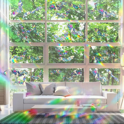 4Pcs Bat Window Stickers, Prism Color Window Decals to Prevent Bird Strikes Bird Window Strike Prevention Window Alert Decals for Birds Strikes, Anti Collision Window Stickers for Birds Window Decals