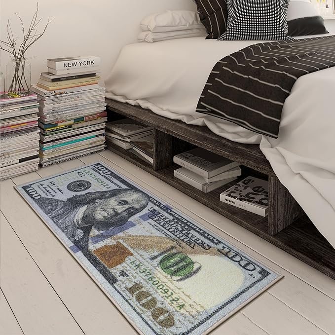 Ottomanson Machine Washable $100 Bill Design Indoor 22x53 Modern Runner Rug for Hallway, Kitchen, Bedroom, 22" x 53", Green/Multicolor