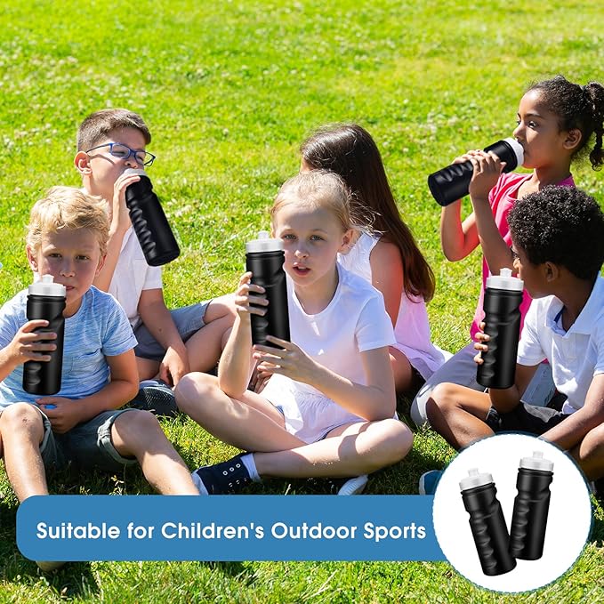 24 Pcs Sports Water Bottles Bulk 20 oz Squeeze Bottle Black Reusable Plastic Water Bottles with Pull Top Cap Leak Proof Water Bottles for Adults Kids Gym, Hiking, Camping, Outdoor Sports