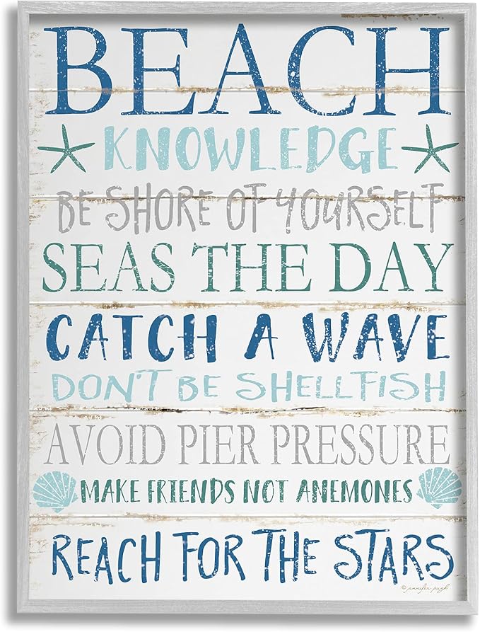 Stupell Industries cwp-367 Beach Knowledge Blue Aqua and White Planked Look Sign Wall Art, 24 x 30, Gray Framed