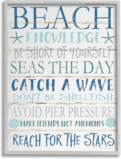 Stupell Industries cwp-367 Beach Knowledge Blue Aqua and White Planked Look Sign Wall Art, 24 x 30, Gray Framed