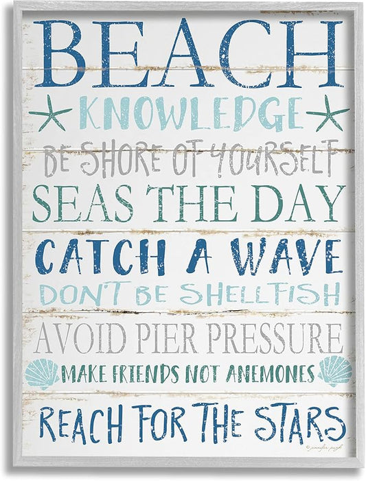 Stupell Industries cwp-367 Beach Knowledge Blue Aqua and White Planked Look Sign Wall Art, 24 x 30, Gray Framed