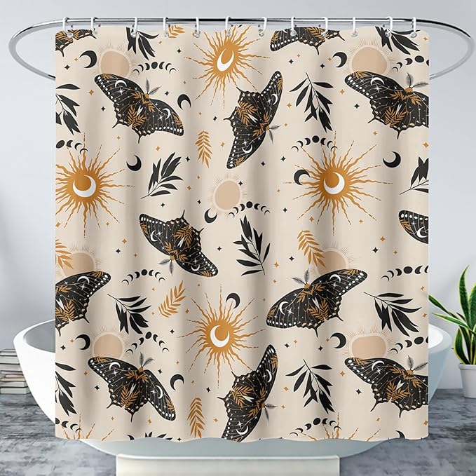 AILONEN Moth Shower Curtain,Sun and Moon Death Moth Bath Curtain for Bathroom Decor,Polyester Waterproof with 12 Plastic Hooks 72" W*96" H