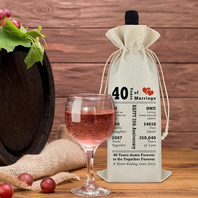 40th Anniversary Wedding Gift for Couple Wine Gift Bag 40 Years of Marriage Gift for Husband Wife Burlap Wine Wrap Bag Anniversary Keepsake Gift Wedding Gift for Grandparents Friend Valentine Gift