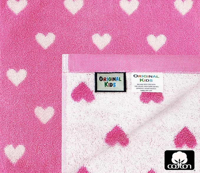 6 Piece Towel Set - Bath Time Hearts - 2 Bath Towels, 2 Hand Towels, 2 Washcloths in Bonus Tote Bag - 100% Cotton Jacquard Colorful Soft Absorbent Pool Beach Kids Towel Gift - Pink White