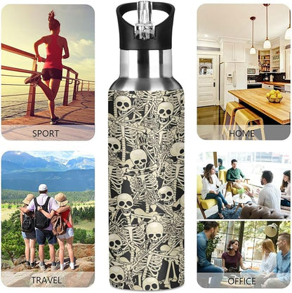 ALAZA Gothic Skull Skeleton Water Bottle With Straw Lids Boys Girls,Vacuum Insulated Leakproof Stainless-Steel Sports Bottle Thermal Flask For Gym Yoga Camping,20Oz (600Ml)