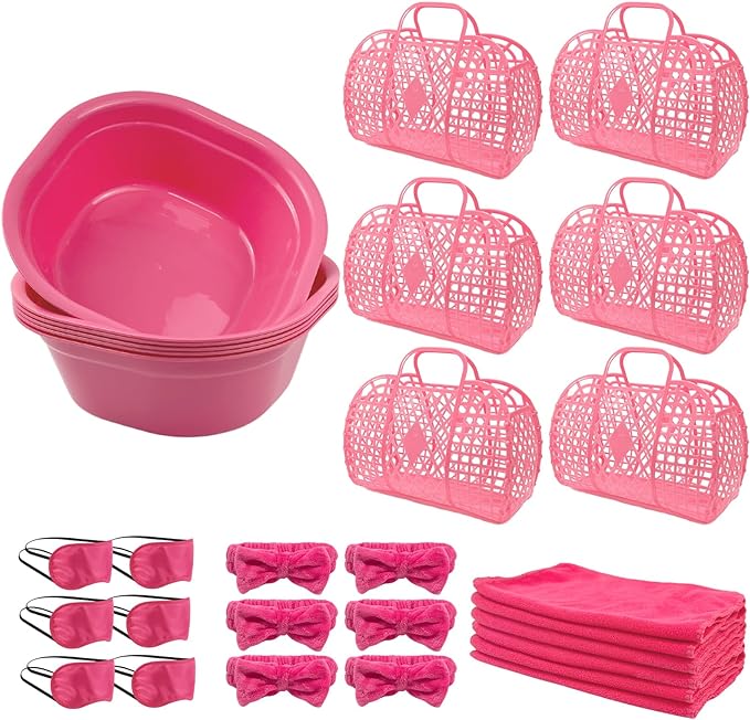 30 Pcs Kids Foot Spa Kit for Girls, Spa Party Supplies for Girls with 6 Pcs Foot Tub & 6 Pcs Pink Hand Towels & 6 Pcs Eye Masks & 6 Headbands & 6 Handbags for Girls Sleepover Slumber Party Supplies