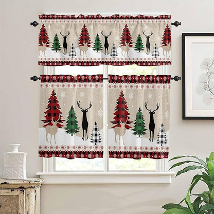 Farmhouse Christmas Kitchen Curtains and Valances Set, Rustic Plaid XMAS Tree Snowflakes Window Treatments Tiers Red Green Black Half/Short Curtains for Small Windows Cafe /Living/ Bedroom 54x 36 in