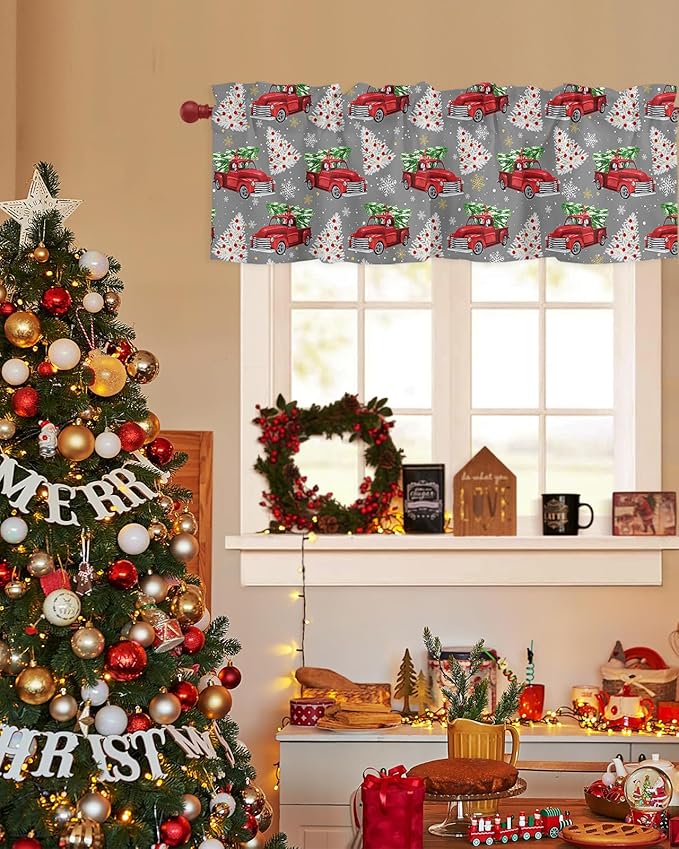 Red Truck Christmas Valance Curtains for Kitchen Windows Merry Christmas Tree Rod Pocket Window Treatment Toppers for Kitchen/Living Room/Bedroom/Bathroom, 42" X 12", Winter Snowflake Grey