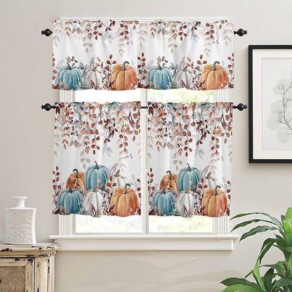 Fall Thanksgiving Kitchen Curtains and Valances Set,Watercolor Autumn Pumpkins Eucalyptus Leaves Small Window Treatments Tiers Half/Short Curtains for Cafe /Living Room/ Bedroom 54x 36 in,Blue Orange
