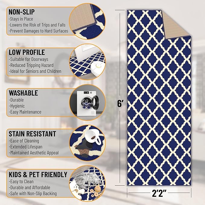 Machine Washable Moroccan Trellis Design Non-Slip Rubberback 2x6 Traditional Indoor Runner Rug for Hallway, Kitchen, Bedroom, 2'2" x 6', Navy