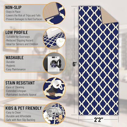 Machine Washable Moroccan Trellis Design Non-Slip Rubberback 2x6 Traditional Indoor Runner Rug for Hallway, Kitchen, Bedroom, 2'2" x 6', Navy