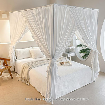 AIKASY Princess Canopy Bed Curtains with Top Ties - Windproof & Lightproof for Girls' Adult Bedroom Decor | Bed Canopy Drapes (Full,White)