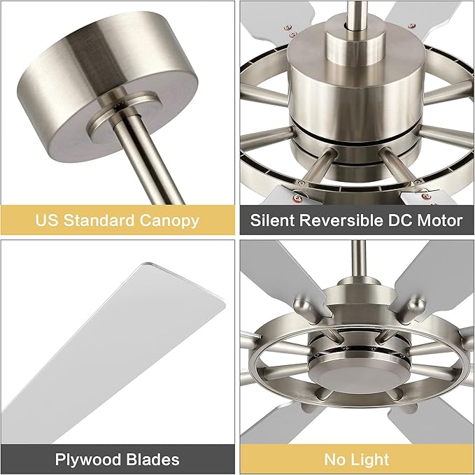 60 Inch Ceiling Fan without Lights, Wood 8 Blades 6-Speed Noiseless Reversible DC Motor, Modern Large Remote Control Ceiling Fan for Bedroom Dining Living Room, Nickel Finish+Silver