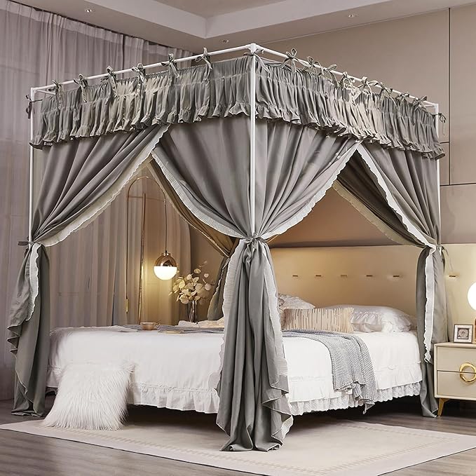 4 Corners Post Princess Ruffle Curtain Bed Canopy Lace Up Elastic Cozy Breathable Tent Mosquito Net for Girls Bedroom Decoration(Grey, 59-64" W*82" L*82" H/Queen)