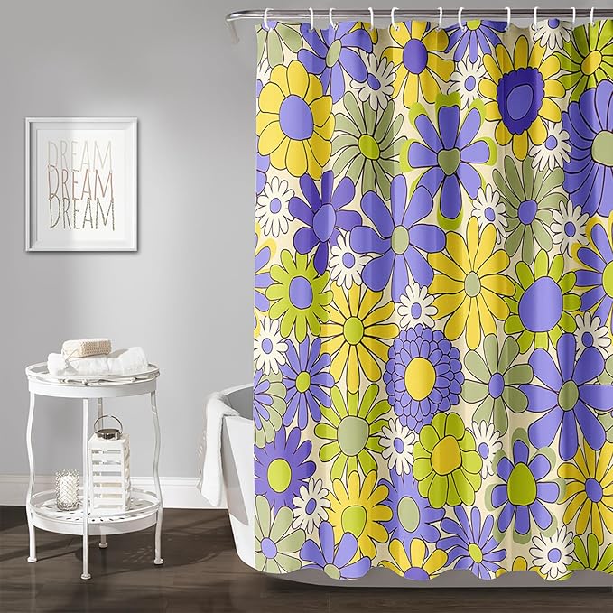 AILONEN Flower Shower Curtain for Bathroom,Polyester Fabric Waterproof,Purple Yellow Plants Flowers Bath Curtains Washable, 72" W x 96" H
