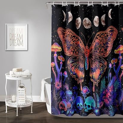 AILONEN Colorful Butterfly Shower Curtain,Magic Mushroom Waterproof Fabric Bath Curtain for Kids Girls,Boho Sun and Moon Skull Shower Curtain Set for Bathroom 72" W*84" H