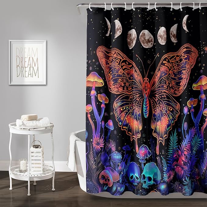 AILONEN Colorful Butterfly Shower Curtain,Magic Mushroom Waterproof Fabric Bath Curtain for Kids Girls,Boho Sun and Moon Skull Shower Curtain Set for Bathroom 72" W*72" H