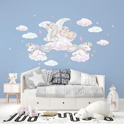 Unicorn Wall Decals for Kids by Lipastick - 126 pcs Unicorn Wall Stickers Peel and Stick - Wall Decals for Girls Kids Baby Nursery Bedroom - Kids Colorful Decals Glittered Moon Stars Clouds M Size