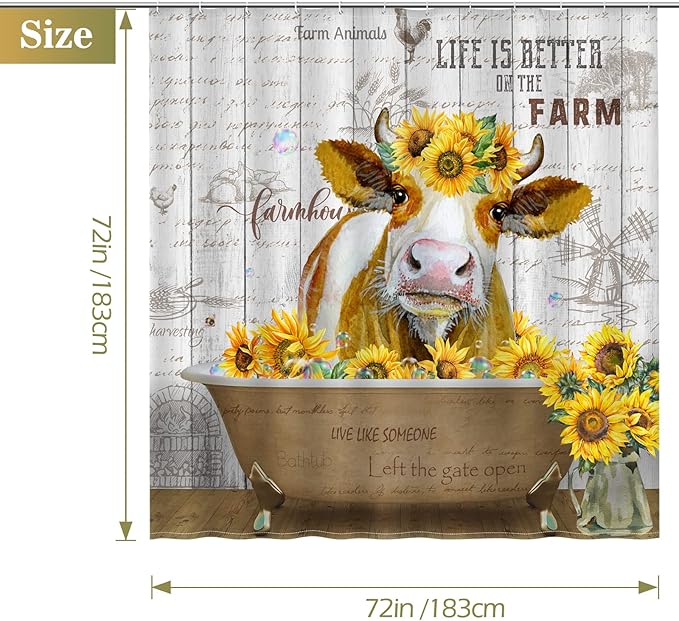 Aimego Cow Sunflower Shower Curtain Funny Cute Farm Animal Rustic Wooden Country Farmhouse Shower Curtain Set with 12 Hooks for Bathroom Decor Accessories Bathtub Curtain, 72"x72"