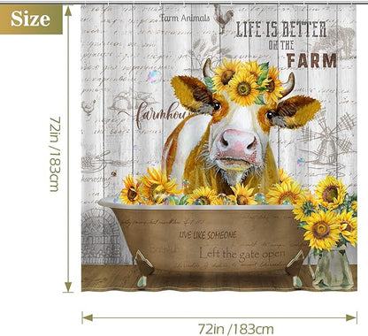 Aimego Cow Sunflower Shower Curtain Funny Cute Farm Animal Rustic Wooden Country Farmhouse Shower Curtain Set with 12 Hooks for Bathroom Decor Accessories Bathtub Curtain, 72"x72"