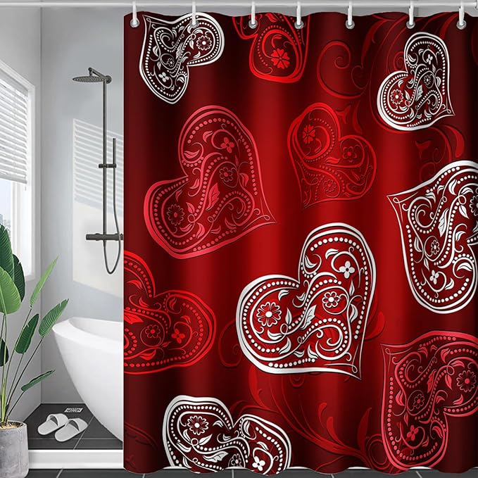 AILONEN Heart Love Shower Curtain for Bathroom, Red and White Floral Hearts Print Bath Curtain,Minimalism Hearts Decoration Shower Curtain Waterproof with 12 Plastic Hooks, 60" W*72" H