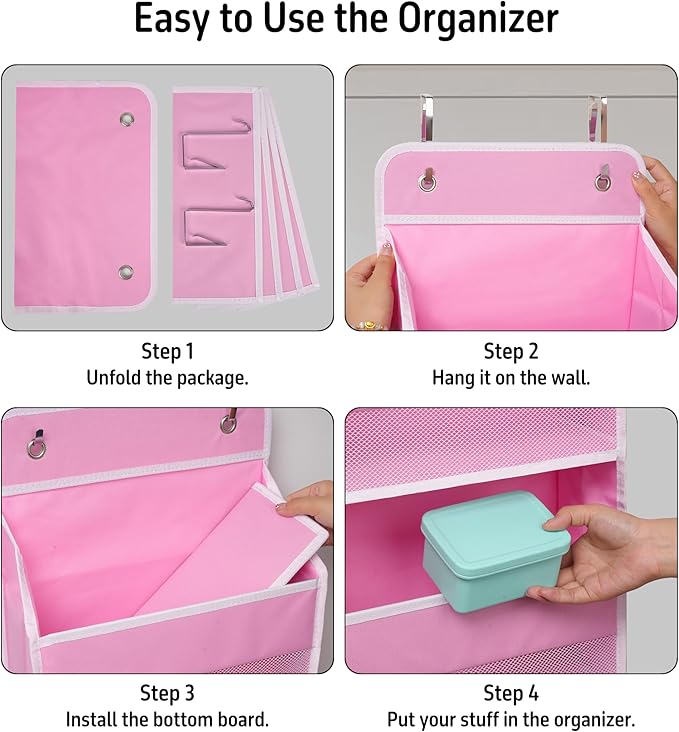 Heavy Duty Over Door Organizer, Wall Mount Hanging Organizer Storage with 4 Large Capacity Pockets, Closet Bathroom Nursery Bedroom Dorm, Toys Cosmetics Sundries and Baby Essentials, Pink