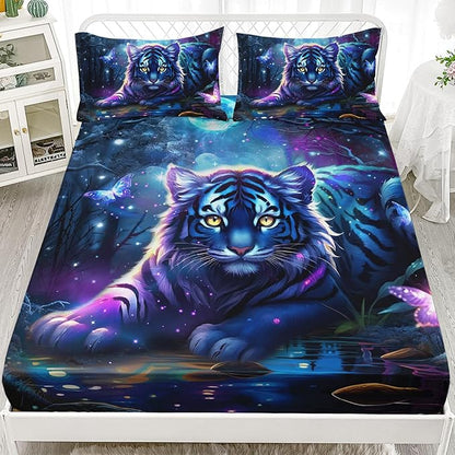 AILONEN Tiger Fitted Sheet Set Twin XL Size, Fairy Starry Forest Cute Tiger Sheet Wildlife Bed Sheet Set,3 Pieces Printed Fitted Sheet with 2 Pillowcases