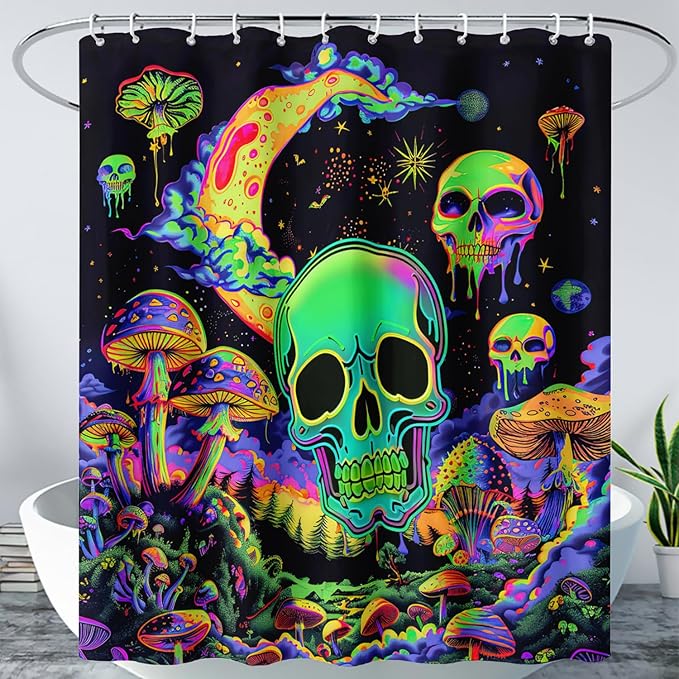 AILONEN Mushroom Skull Shower Curtain for Bathroom, Green Starry Moon Skull Bath Curtain,Fantasy Fungus Skeleton Decor Bathroom Waterproof Curtain with 12 Plastic Hooks, 72" W*96" H