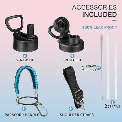 40 oz Insulated Water Bottle with Paracord Handles & Strap, 2 Lids(Straw Lid&Spout Lid), Stainless Steel Reusable Wide Mouth Metal Water Bottle With Straw (Dark Night)