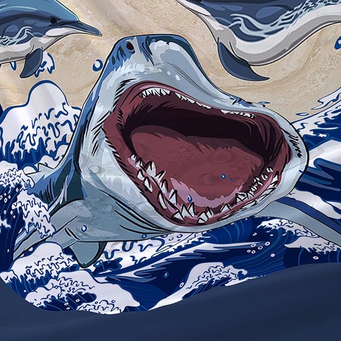 AILONEN Cartoon Shark Shower Curtain for Kids Boys Girls,Blue Ocean Wave with Shark Waterproof Fabric Shower Curtain for Bathroom,Jumping Dolphin Shower Curtain Set with Hooks,72" W*78" H