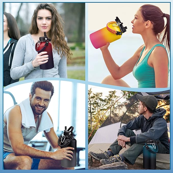64 oz Insulated Water Bottle - with Straw, Spout Lids, Bottle Sleeve & Paracord Handle, Sports Gym Workout Metal Waterbottle Cold 48H, Hot 24H, Half Gallon Stainless Steel Water Jug Thermo Flask