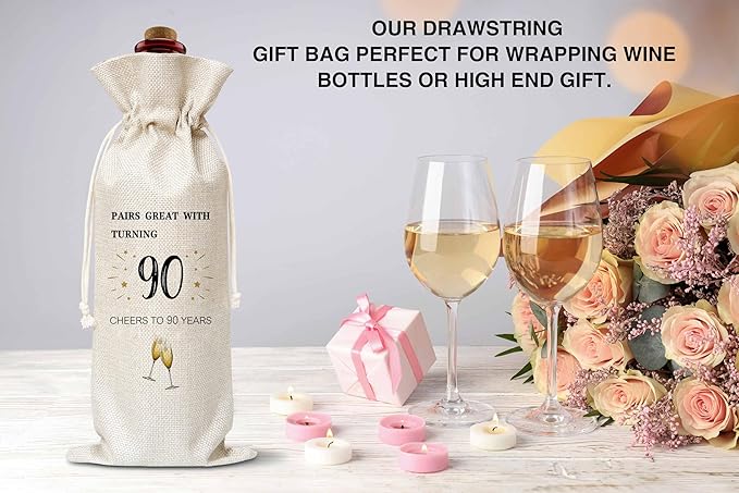 90th Birthday Wine Gift Bag, Cotton Burlap Wine Bags, 1934 Wine Bottle Cover Bag Birthday Gifts for Women, Men, Friends, Co-workers, Teachers, Grandpa, Grandma(01)