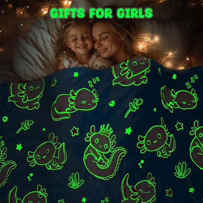Axolotl Gifts Toys for Girls Kids - Axolotl Blanket Glow in The Dark for Toddler Bedroom Decor Axolotl Gifts Toys for Kid 3 4 5 6 7 8 9 10 11 12