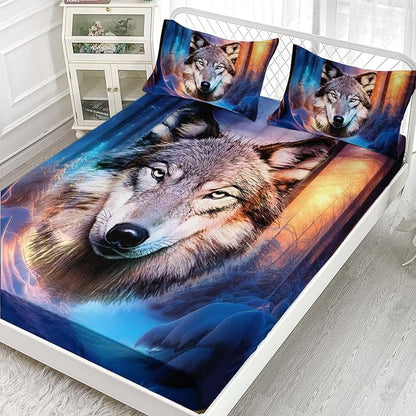 AILONEN Wolf Fitted Sheet Set Queen Size, Winter Forest Wildlife Bedding Set Wolf Sheet Set for Boys Teen Kids,Safari Wolf Printed Bed Sheet Set Wolf Fitted Sheet with 2 Pillowcases,3 Pieces