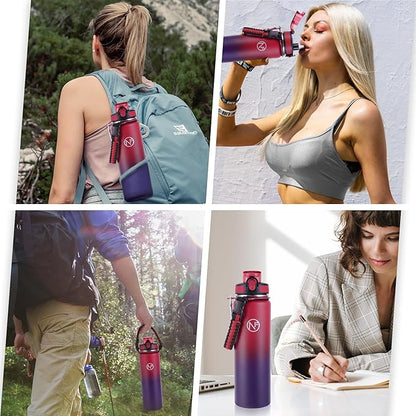 32 oz Insulated Water Bottle With Detachable Straw & Paracord Handle, Stainless Steel Thermos Water Bottle with Leakproof Lockable Lid, BPA-Free Sports Bottle (Rose Purple Gradient)