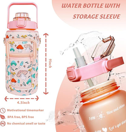 64 oz Water Bottle with Straw Sleeve & Strap Motivational Half Gallon Water Jug with Handle for Gym Women Men Aesthetic Water Bottle with Strap Mushroom Pink