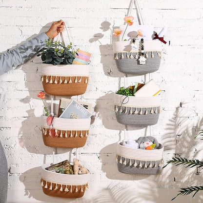 Over The Door Hanging Basket Boho Woven Wall Hanging Baskets 3-Tier Cotton Wall Mounted Storage Organizer Bag Macrame Decorative Hanging Baskets for Kitchen Laundry Room Stairs(White, Jute)