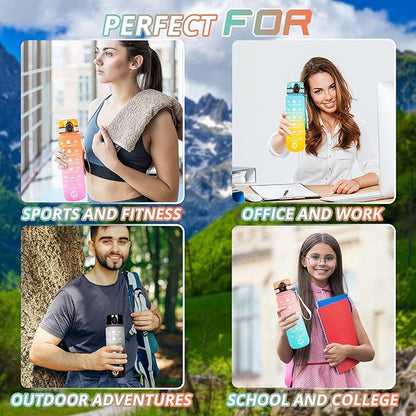 32 oz Water Bottle with Time Marker Leak-Proof & BPA Free Reusable Gym Water Bottle Easy to Carry Motivational Water Bottle for Fitness, Sports, Outdoor, Cycling, School & Office (Blue & Pink)