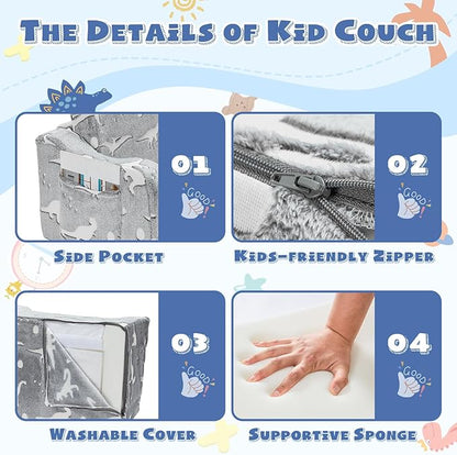 2-in-1 Toddler Chairs Comfy, Toddler Couches That Fold Out,Glow in The Dark, Extra Wide Kids Chairs for Toddler, Baby Couch for 1-3 Year Old, Gifts for Girls & Boys, Gray