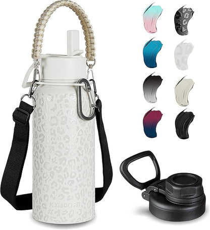 32oz Insulated Water Bottle with Paracord Handles & Strap, 2 Lids(Straw Lid&Spout Lid), Stainless Steel Reusable Wide Mouth Metal Water Bottle With Straw, Double Walled, Thermo Mug,（White Leoqard)