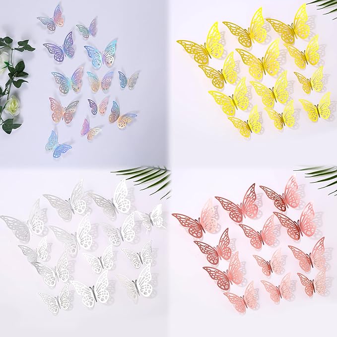 3D Butterfly Wall Decor 48 Pcs 4 Styles 4 Colors 3 Sizes,Gold Silver Laser Rose Butterfly Decorations for Butterfly Birthday Decorations Butterfly Party Decorations Cake Decorations,Removable Sticker