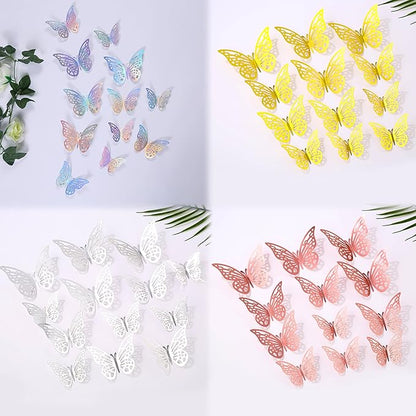3D Butterfly Wall Decor 48 Pcs 4 Styles 4 Colors 3 Sizes,Gold Silver Laser Rose Butterfly Decorations for Butterfly Birthday Decorations Butterfly Party Decorations Cake Decorations,Removable Sticker