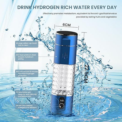 Hydrogen Rich Water Bottle, 5Min Quick Electrolysis，5000ppb Hydrogen Concentration, Rechargeable Portable Hydrogen Water Machine Generator for Home Office 290ML, ALH16B, Blue