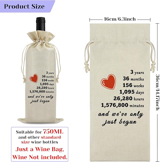 3rd Anniversary Wedding Gifts for Him Her Three Years Anniversary Wine Bag for Husband Wife 3 Year Dating Anniversary for Men Women 3 Years of Marriage Gift Birthday Christmas Gift Wine Gift Bag