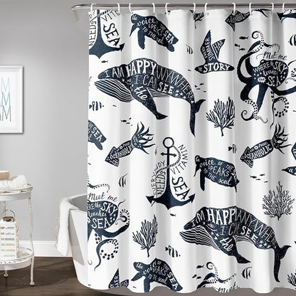 AILONEN Whale Shower Curtain Cartoon Gull Sea Turtle Octopus Bath Curtain Ocean Animal Blue Printed Shower Curtain 72" W*78" H Minimalist Bathroom Curtain Polyester Waterproof Curtain with 12 Hooks