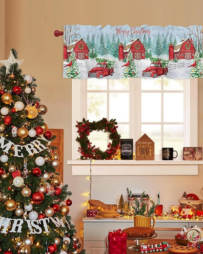 Red Truck Christmas Valance Curtains for Kitchen Windows Merry Christmas Farmhouse Rod Pocket Window Treatment Toppers for Kitchen/Living Room/Bedroom/Bathroom, 42" X 18", Winter Xmas Tree