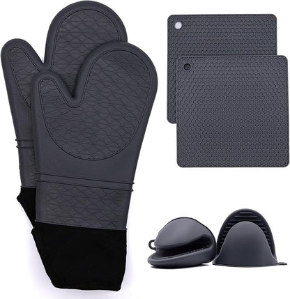 Extra Long Oven Mitts and Pot Holder Set for Ultimate Kitchen Safety- hot Pads and Oven Mitts- Heavy Duty- Silicone Heat Resistant Oven Mitts and Pot holde(Dark Gray)